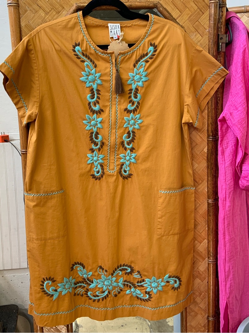 Sister Mary Embroidered Dress - Mustard with Turquoise